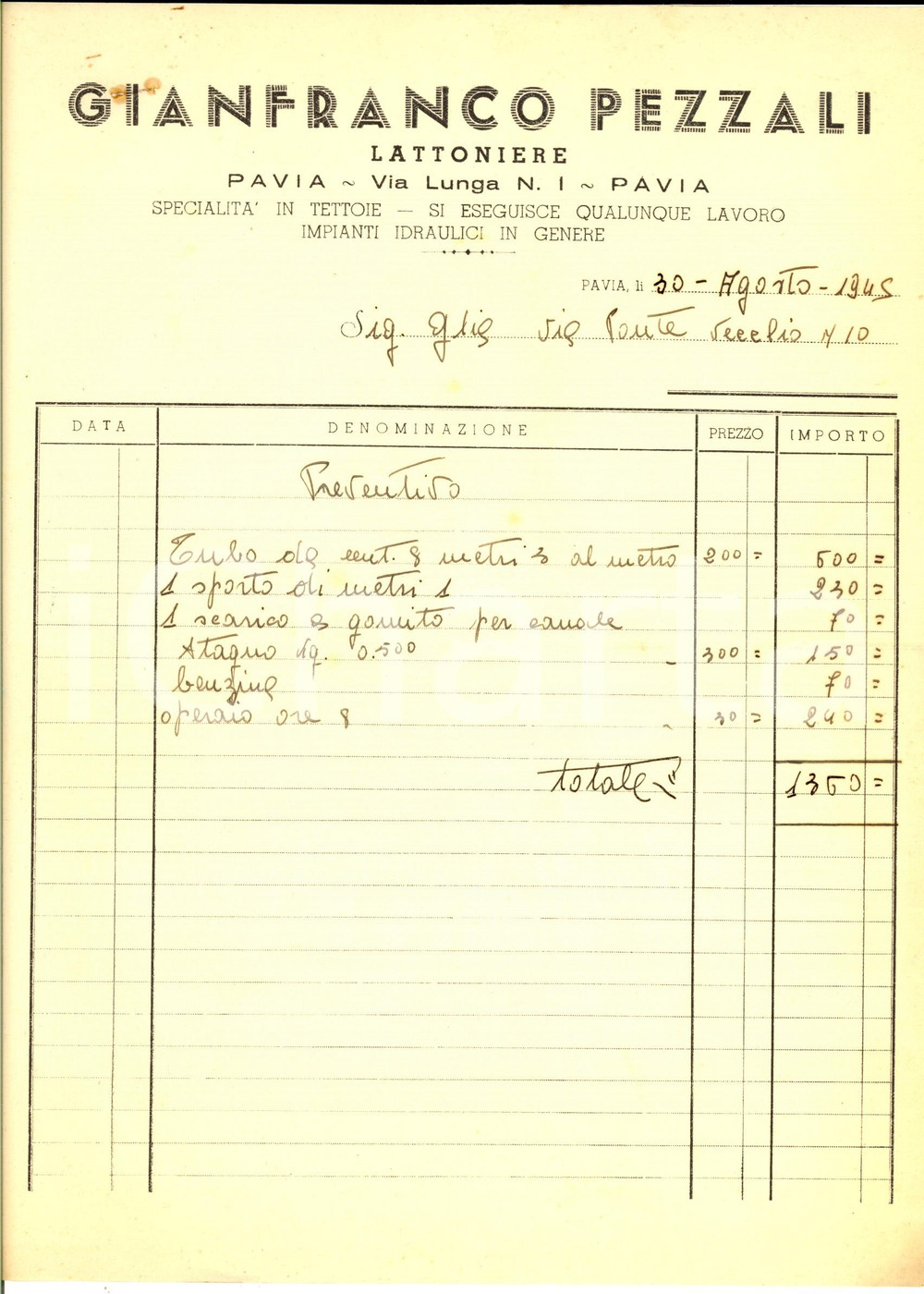 Documento originale, autentico 1945 PAVIA Via Lunga 1 Gianfranco PEZZALI Lattoniere  tettoie Preventivo 1