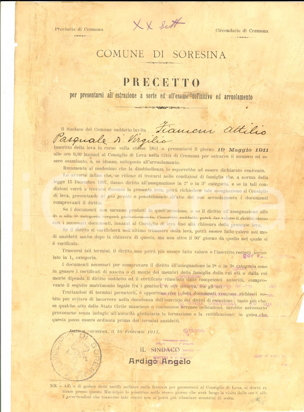 Documento originale, autentico 1911 SORESINA CR Precetto per arruolamento di Attilio FIAMENI DANNEGGIATO 1