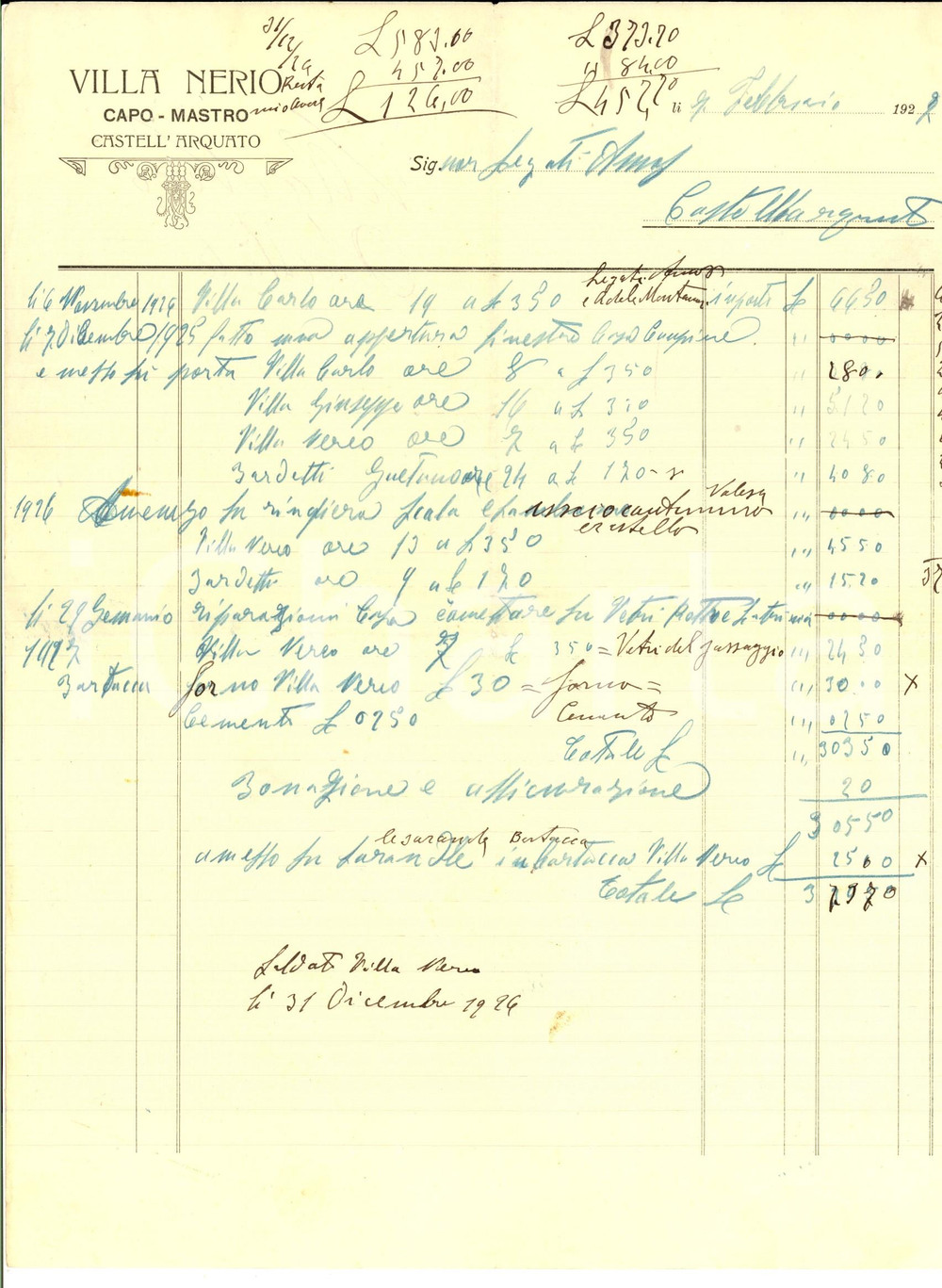 Documento originale, autentico 1927 CASTELL ARQUATO PC Capomastro Nerio VILLA  Conto manoscritto 1