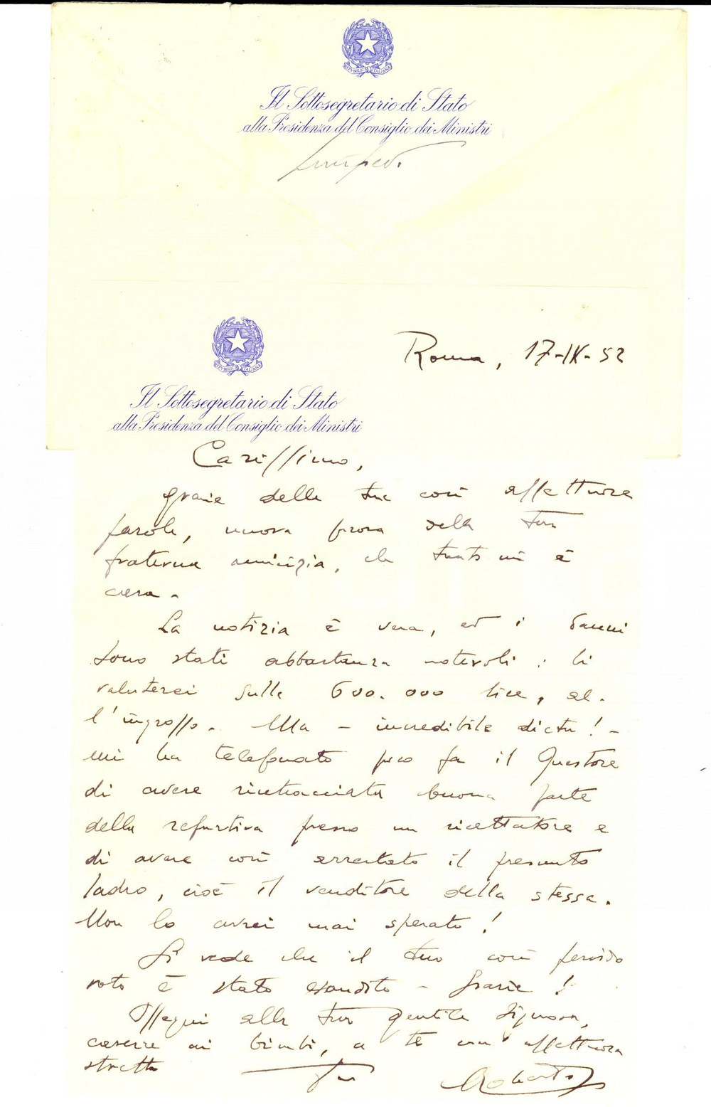Autografo originale 1952 Lettera Roberto LUCIFREDI Sottosegretario Presidenza Consiglio AUTOGRAFO 1
