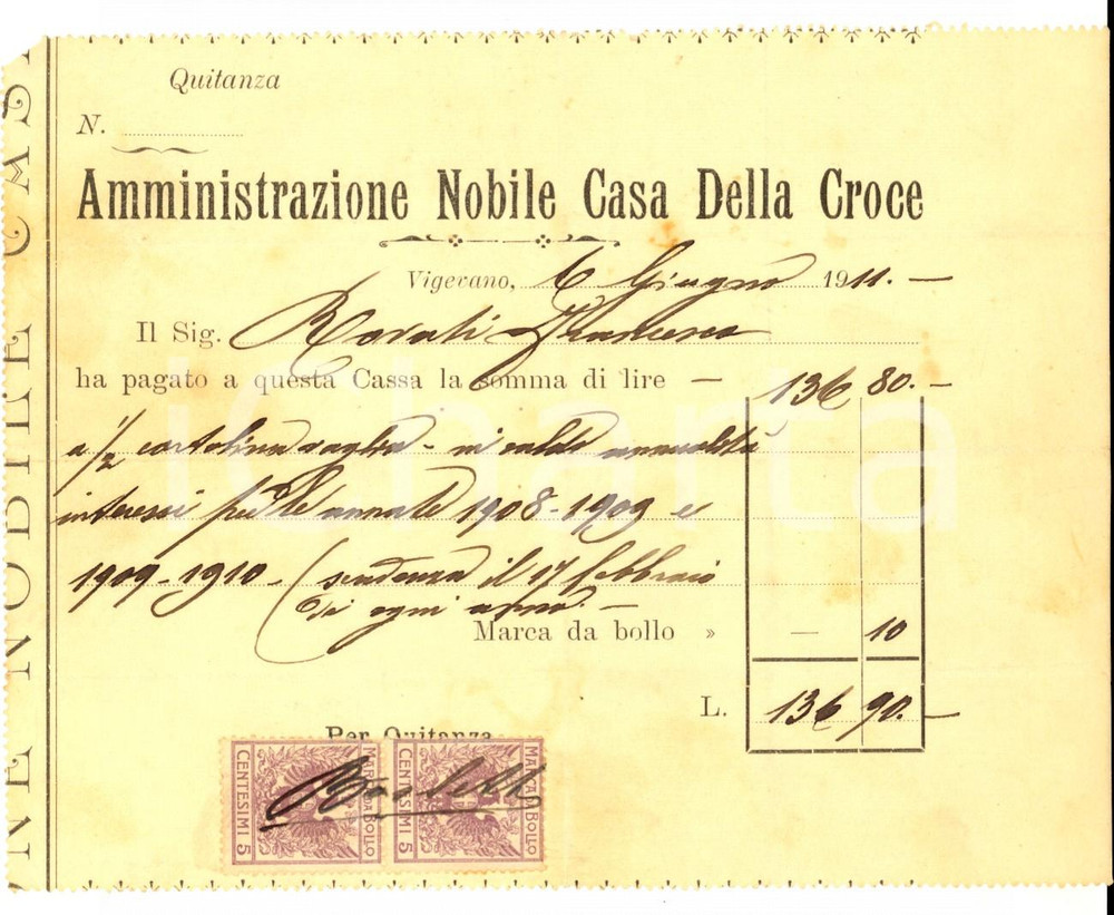 Documento originale, autentico 1911 VIGEVANO Amministrazione Nobile Casa DELLA CROCE Ricevuta con bolli 1