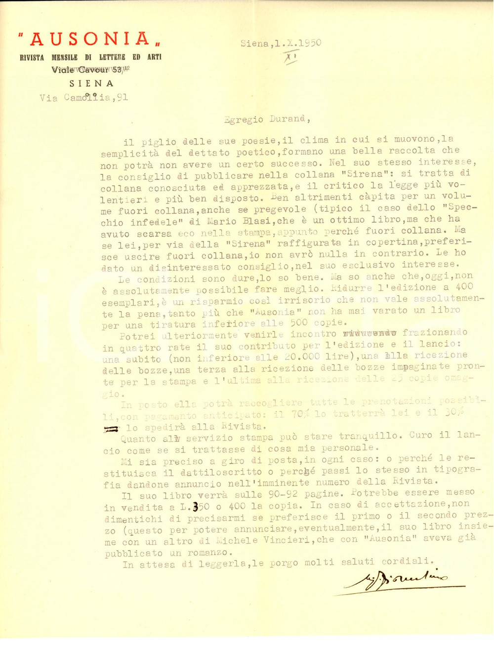 Autografo originale 1950 SIENA AUSONIA Luigi FIORENTINO a Ferdinando DURAND per edizione Autografo 1