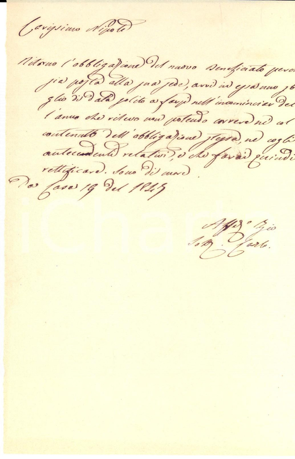 Documento originale, autentico 1847 MILANO Conte Carlo STAMPA DI SONCINO annuncia obbligazione al nipote 1