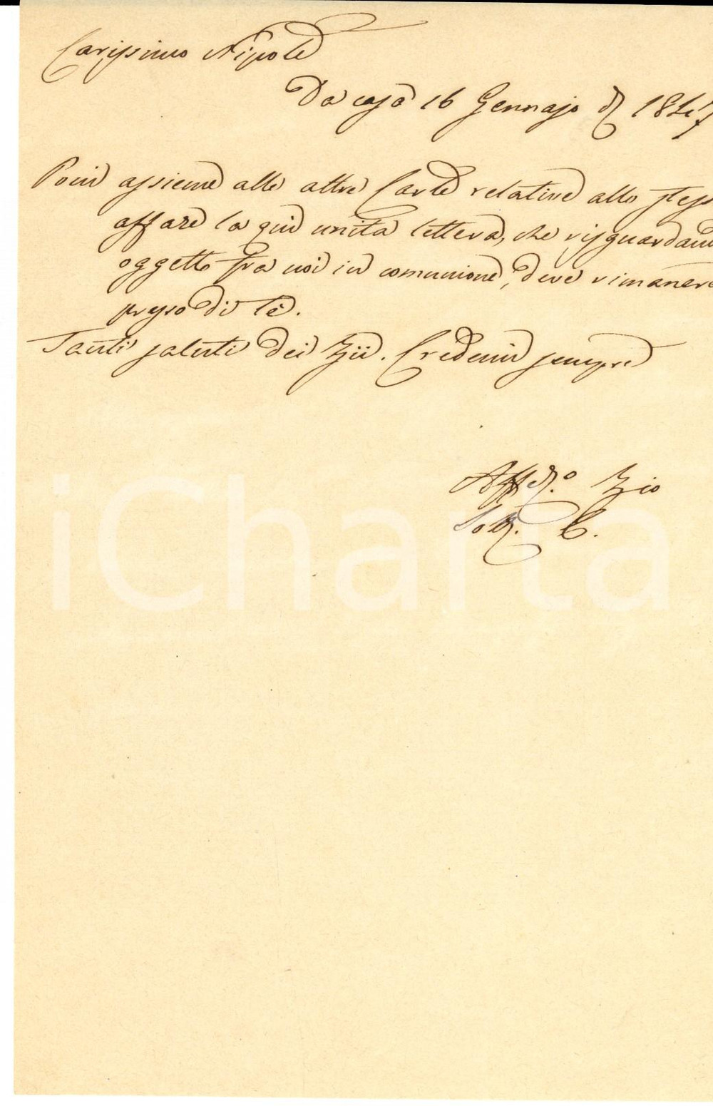 Documento originale, autentico 1847 MILANO Conte Carlo STAMPA DI SONCINO annuncia lettera al nipote 1