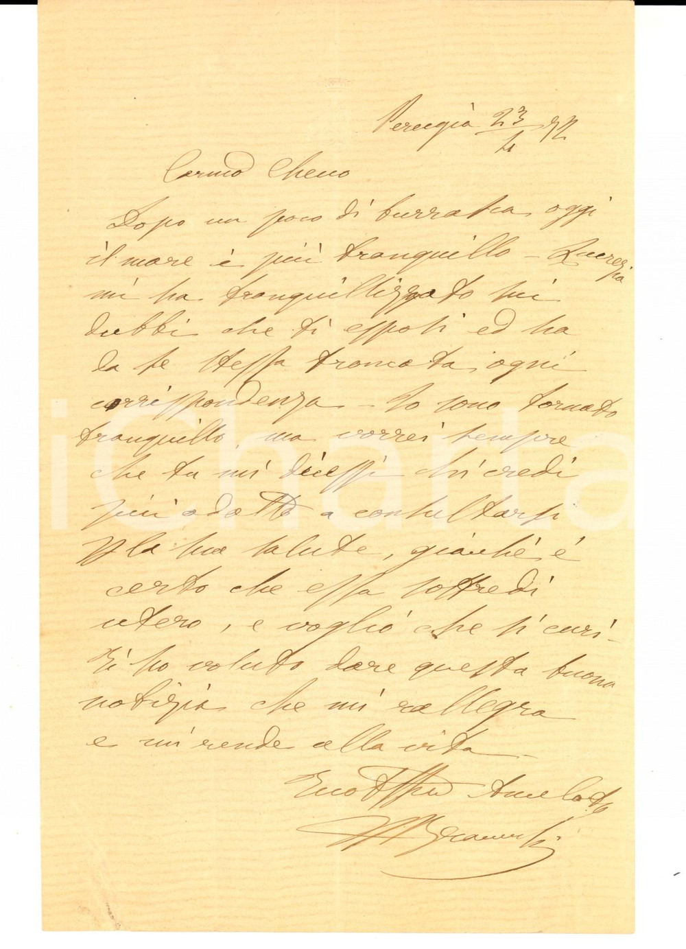 Manoscritto, lettera originale 1872 PERUGIA Conte BRACCESCHI invita un amico a curare la salute Lettera 1