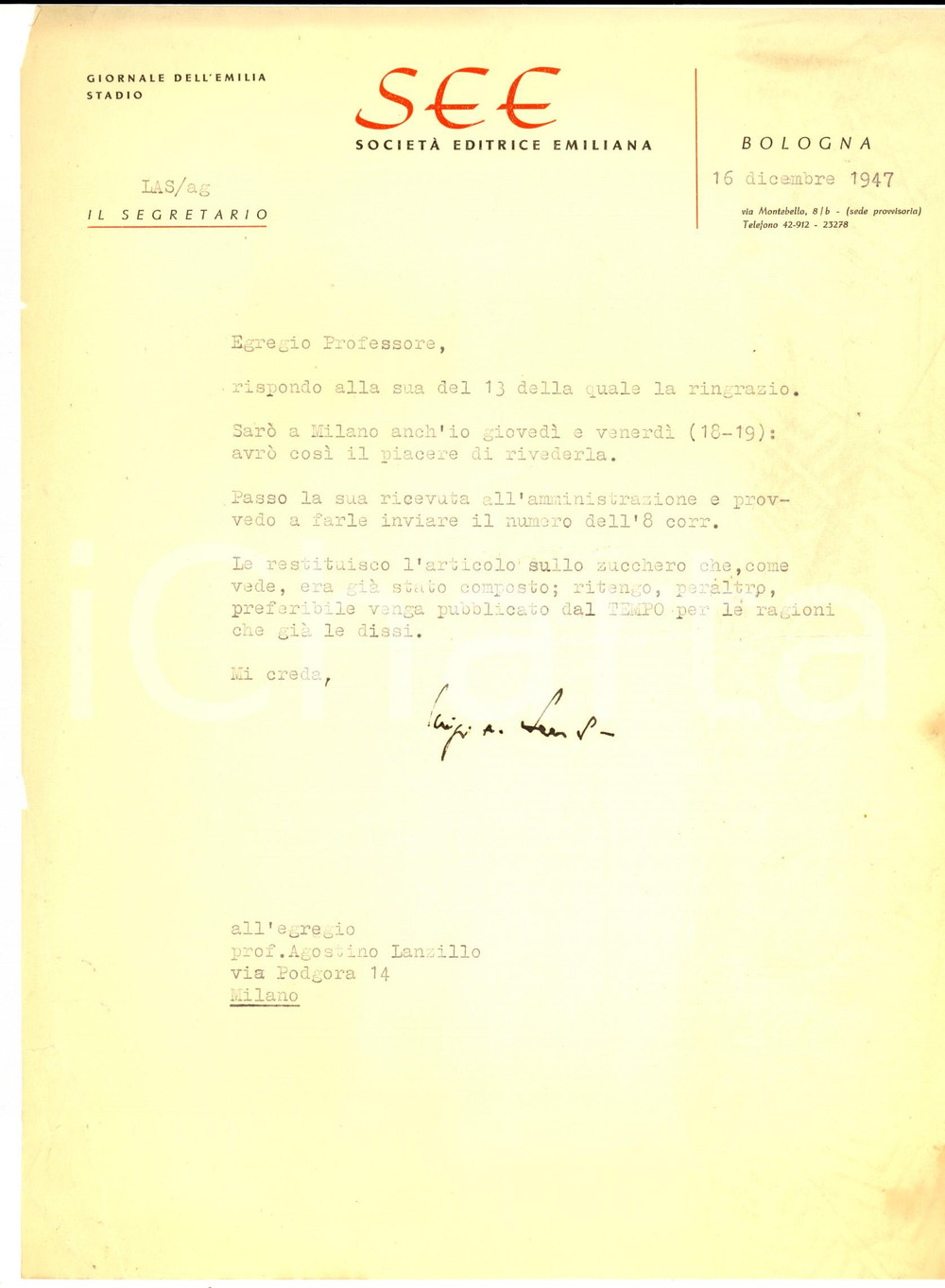 Manoscritto, lettera originale 1947 BOLOGNA GIORNALE DELL EMILIA Luigi SEARS fissa appuntamento Autografo 1