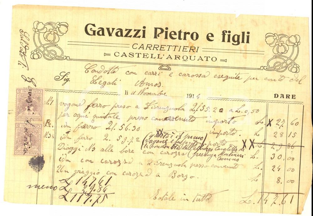 Documento originale, autentico 1914 CASTELL ARQUATO Pietro GAVAZZI & Figli  carrettieri Fattura trasporto 1