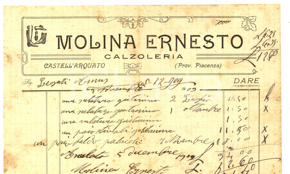 Documento originale, autentico 1909 CASTELL ARQUATO PC Ernesto MOLINA calzoleria Fattura intestata 1