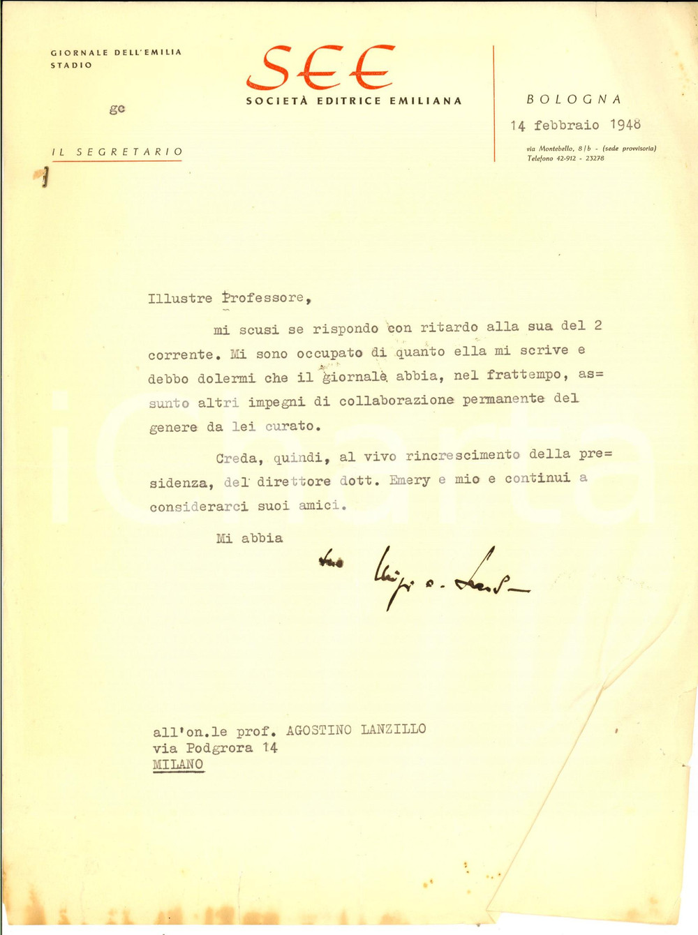 Manoscritto, lettera originale 1948 BOLOGNA GIORNALE DELL EMILIA Luigi SEARS rifiuta collaboratore Autografo 1