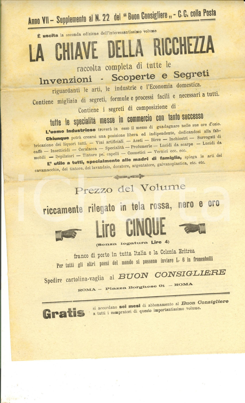 Materiale pubblicitario d’epoca 1890 ca LA CHIAVE DELLA RICCHEZZA Pieghevole pubblicitario con piano dell opera 1