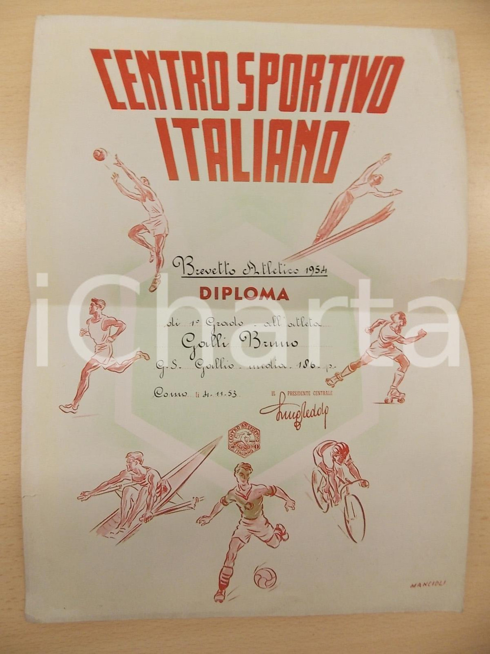 Oggetto da collezione cartaceo 1954 COMO CENTRO SPORTIVO ITALIANO Diploma atleta Bruno GALLI Ill. MANCIOLI 1