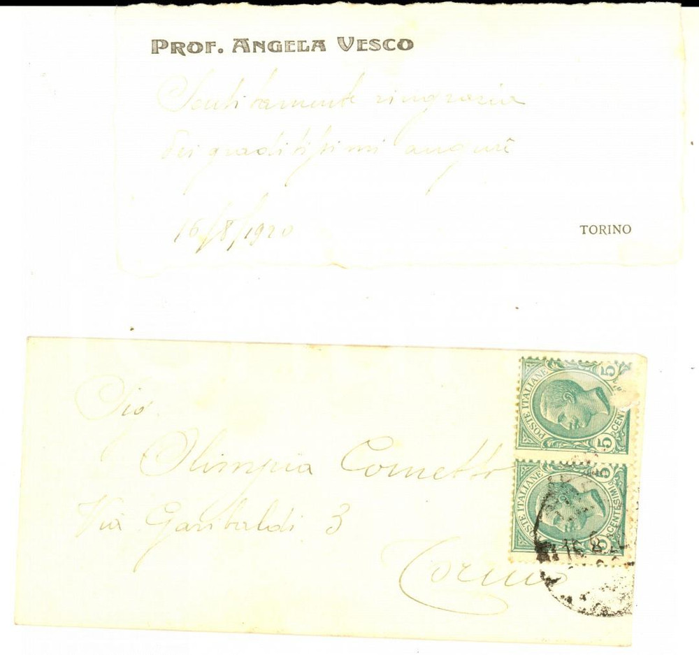 Oggetto da collezione cartaceo 1920 TORINO Prof. Angela VESCO Biglietto da visita con busta viaggiata 1