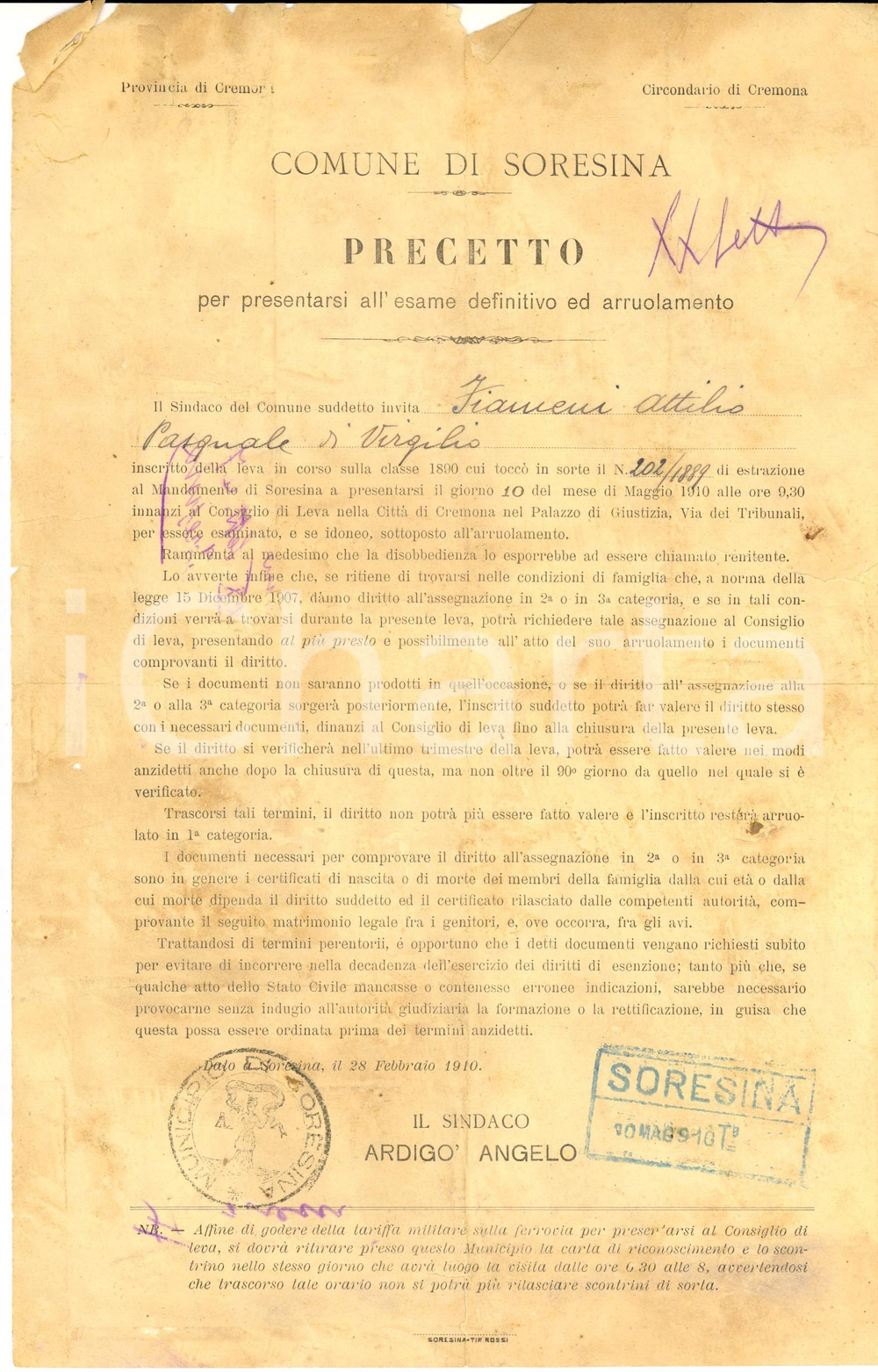 Documento originale, autentico 1910 SORESINA CR Precetto per arruolamento di Attilio FIAMENI DANNEGGIATO 1