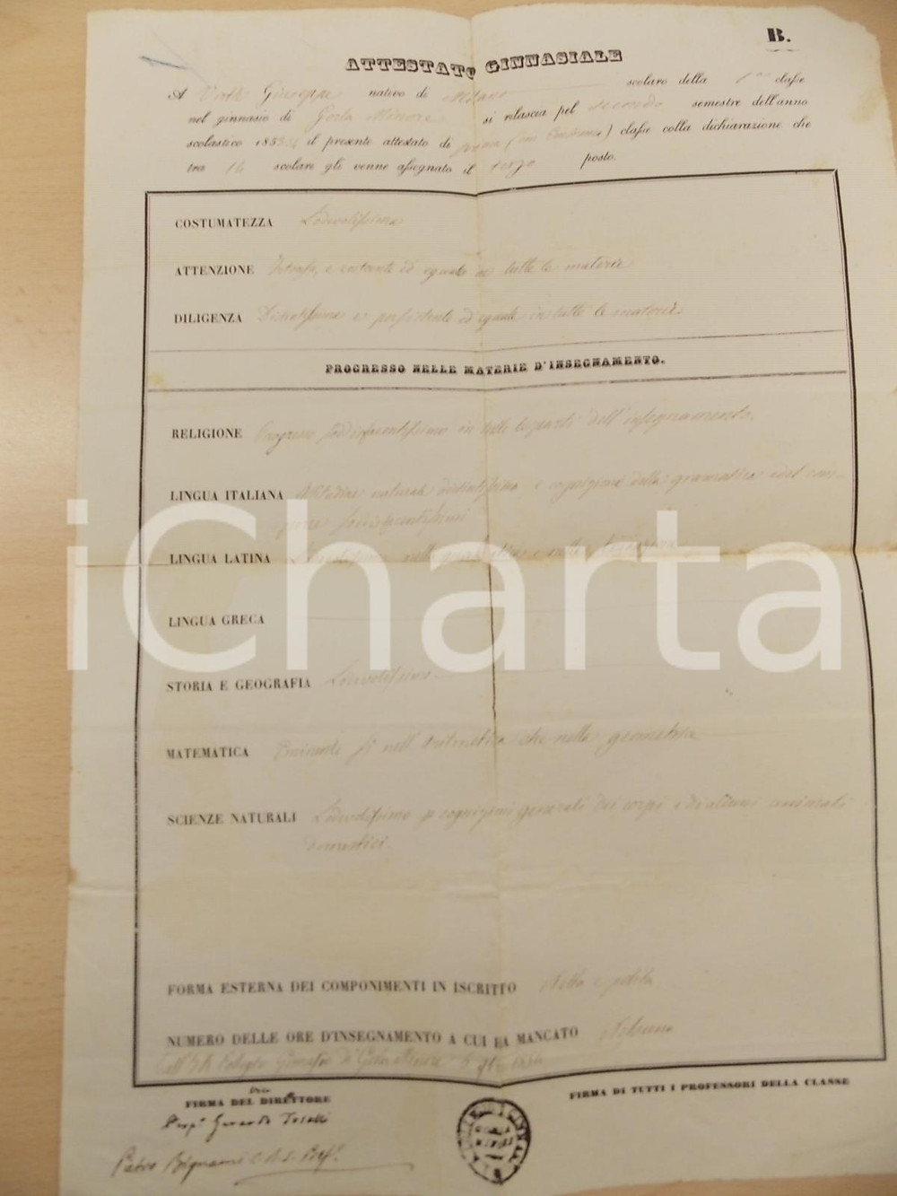 Oggetto da collezione cartaceo 1854 GORLA MINORE VA Attestato ginnasiale di Giuseppe WIRTH DANNEGGIATO 1