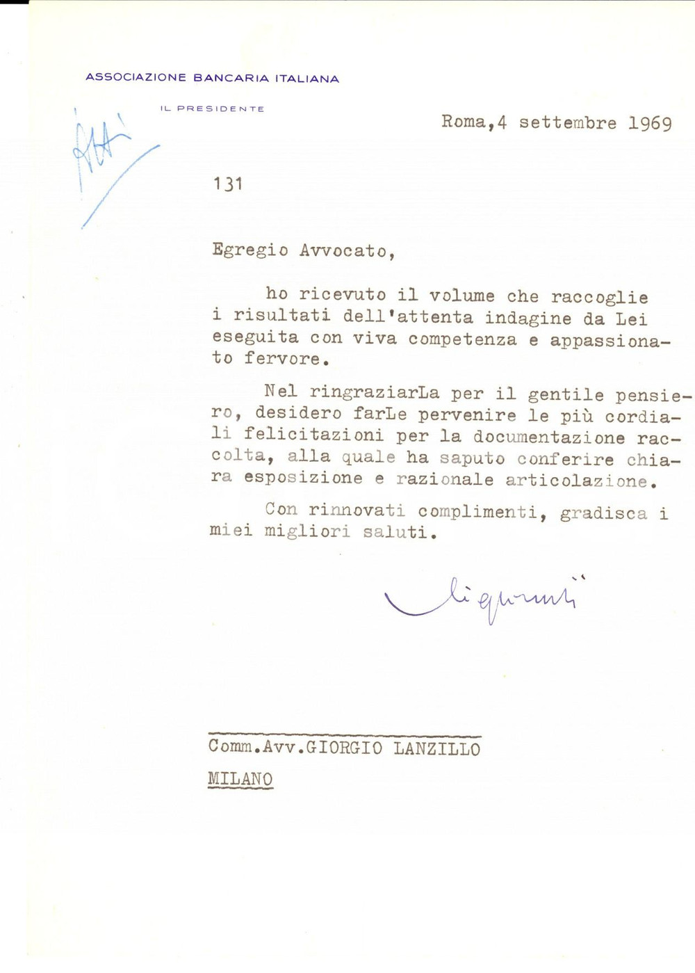 Autografo originale 1969 ROMA ASSOCIAZIONE BANCARIA ITALIANA Stefano SIGLIENTI ringrazia per volume 1