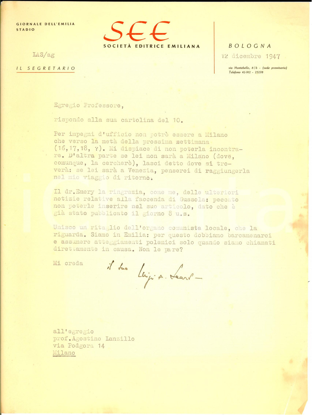 Manoscritto, lettera originale 1947 BOLOGNA GIORNALE DELL EMILIA Luigi SEARS a un collaboratore Autografo 1