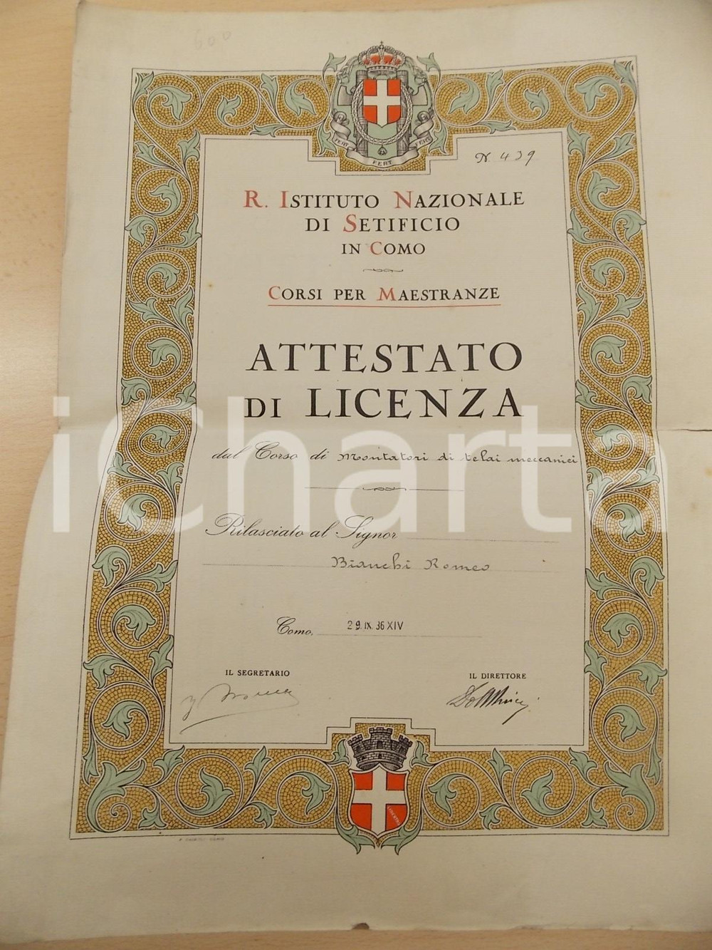 Oggetto da collezione cartaceo 1936 COMO Istituto Nazionale Setificio  Diploma Romeo BIANCHI montatore telai 1