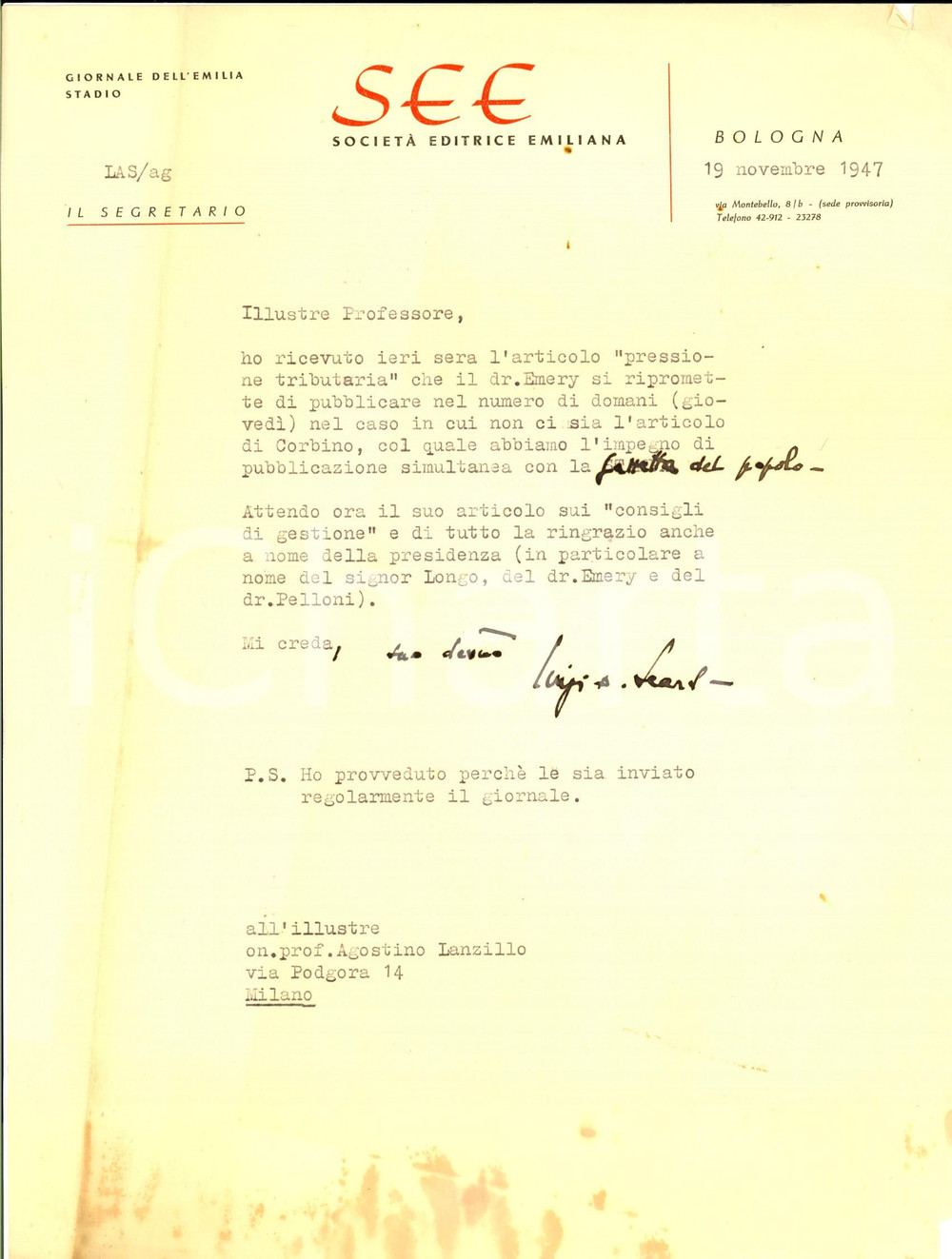 Manoscritto, lettera originale 1947 BOLOGNA SEE GIORNALE DELL EMILIA Luigi SEARS su pubblicazione articolo 1