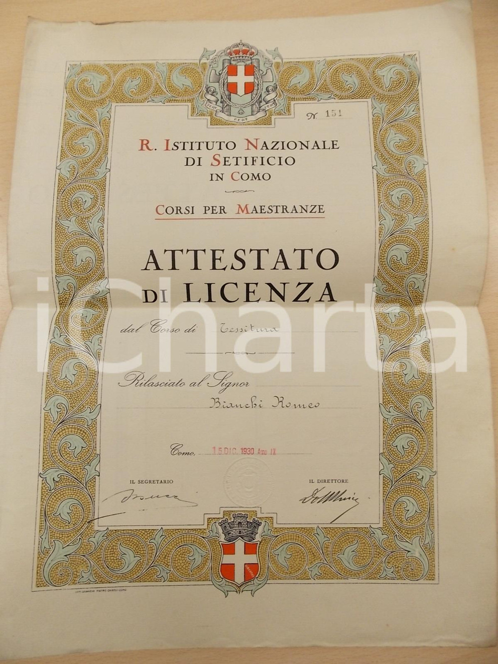 Oggetto da collezione cartaceo 1930 COMO Istituto Nazionale Setificio  Licenza tessitore Romeo BIANCHI 1