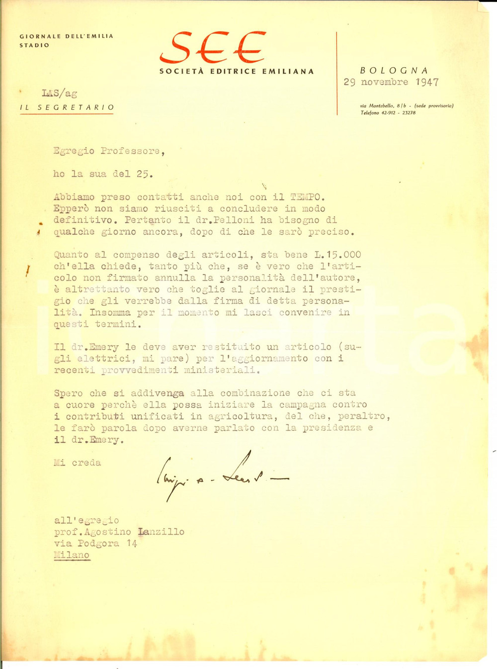 Manoscritto, lettera originale 1947 BOLOGNA SEE GIORNALE DELL EMILIA Luigi SEARS su compenso per articoli 1