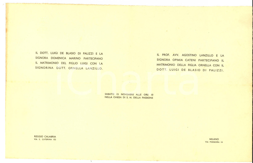 Oggetto da collezione cartaceo 1941 MILANO Nozze Luigi DE BLASIO DI PALIZZI  Ornella LANZILLO Partecipazione 1