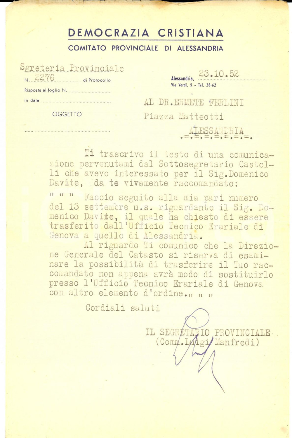 Autografo originale 1952 DEMOCRAZIA CRISTIANA ALESSANDRIA Lettera Luigi MANFREDI Autografo 1
