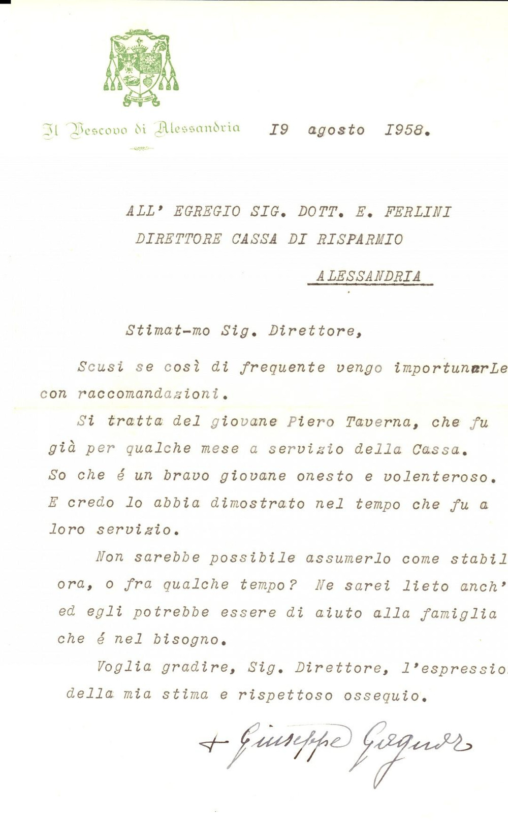 Autografo originale 1958 ALESSANDRIA Vescovo Giuseppe GAGNOR raccomanda un giovane Autografo 1