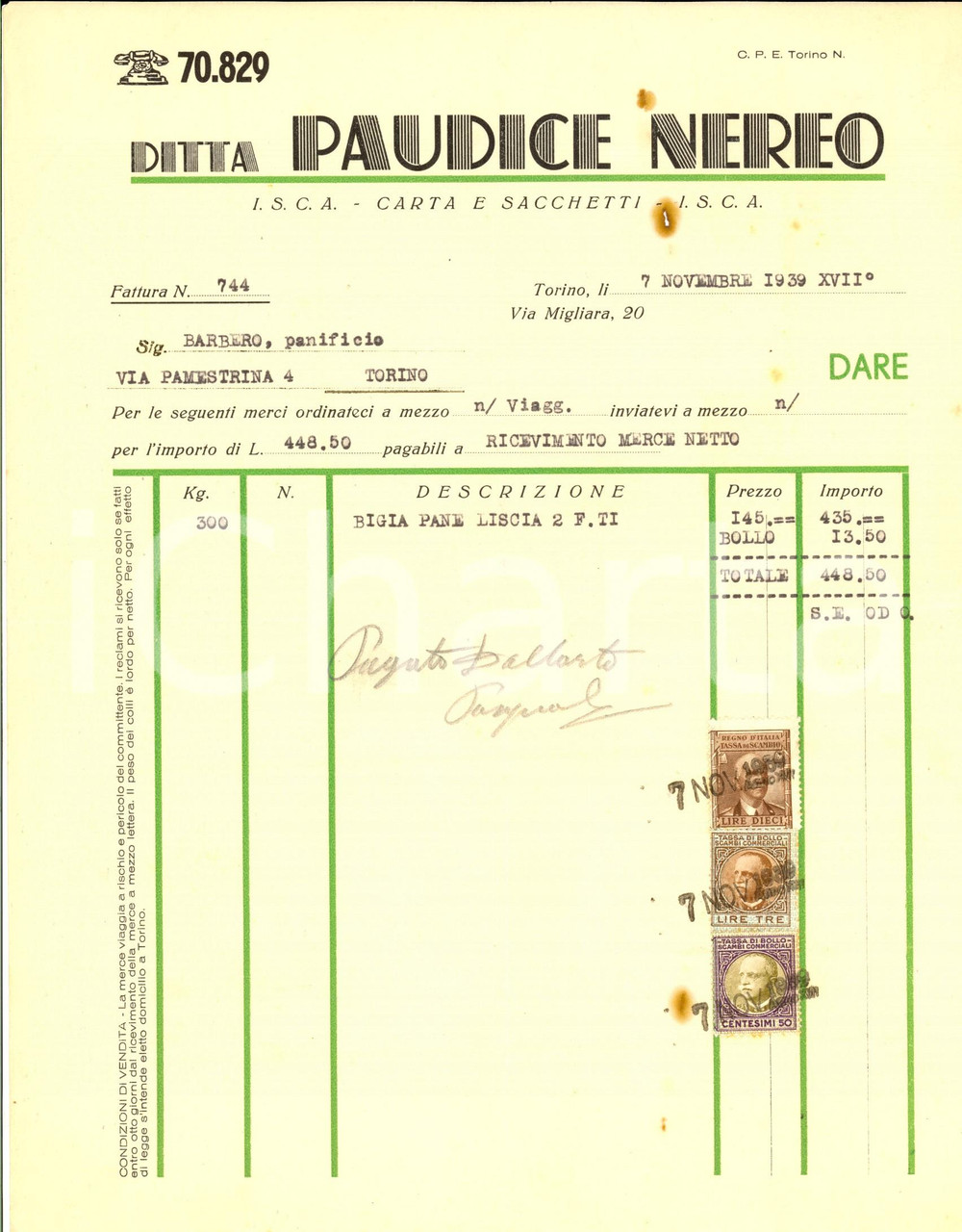 Documento originale, autentico 1939 TORINO Ditta Nereo PAUDICE Carta e sacchetti Fattura intestata con bolli 1