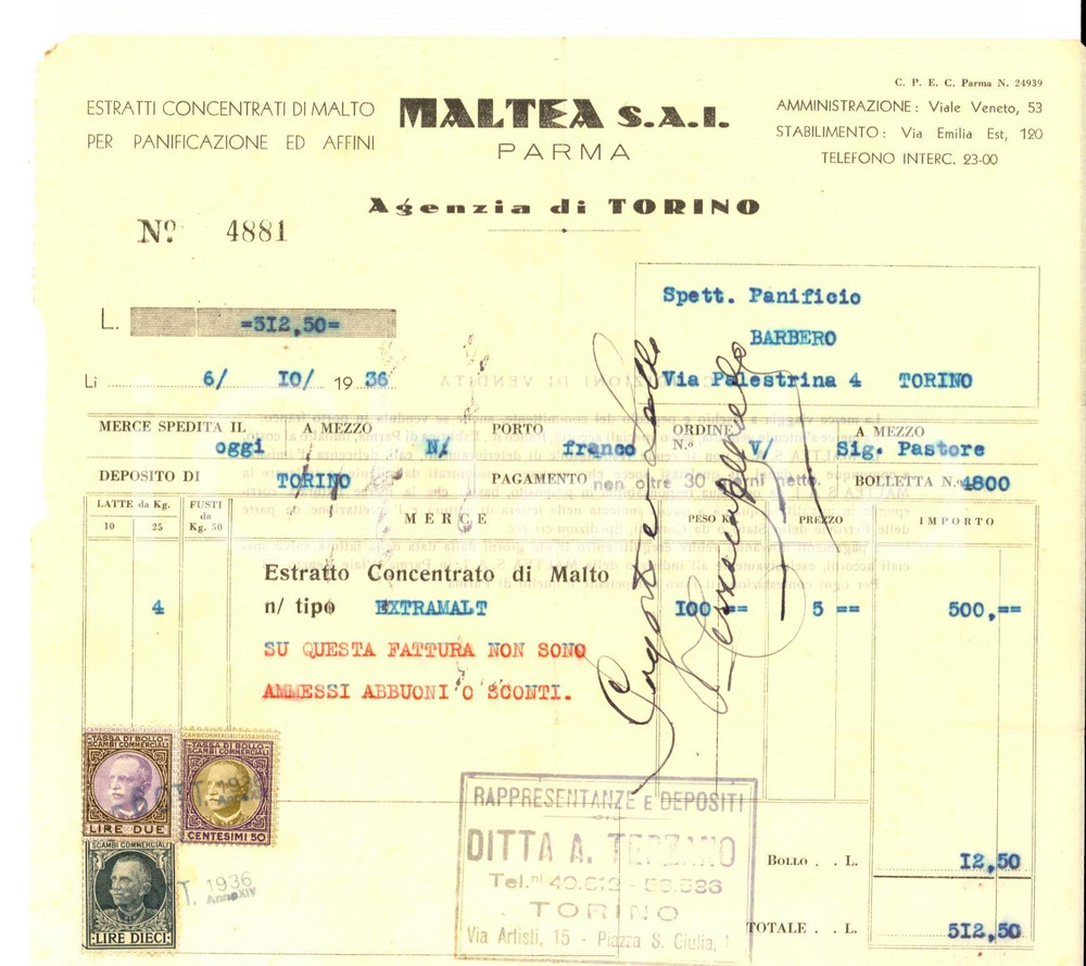 Documento originale, autentico 1936 TORINO Ditta MALTEA Malto per panificazione ed affini Fattura intestata 1