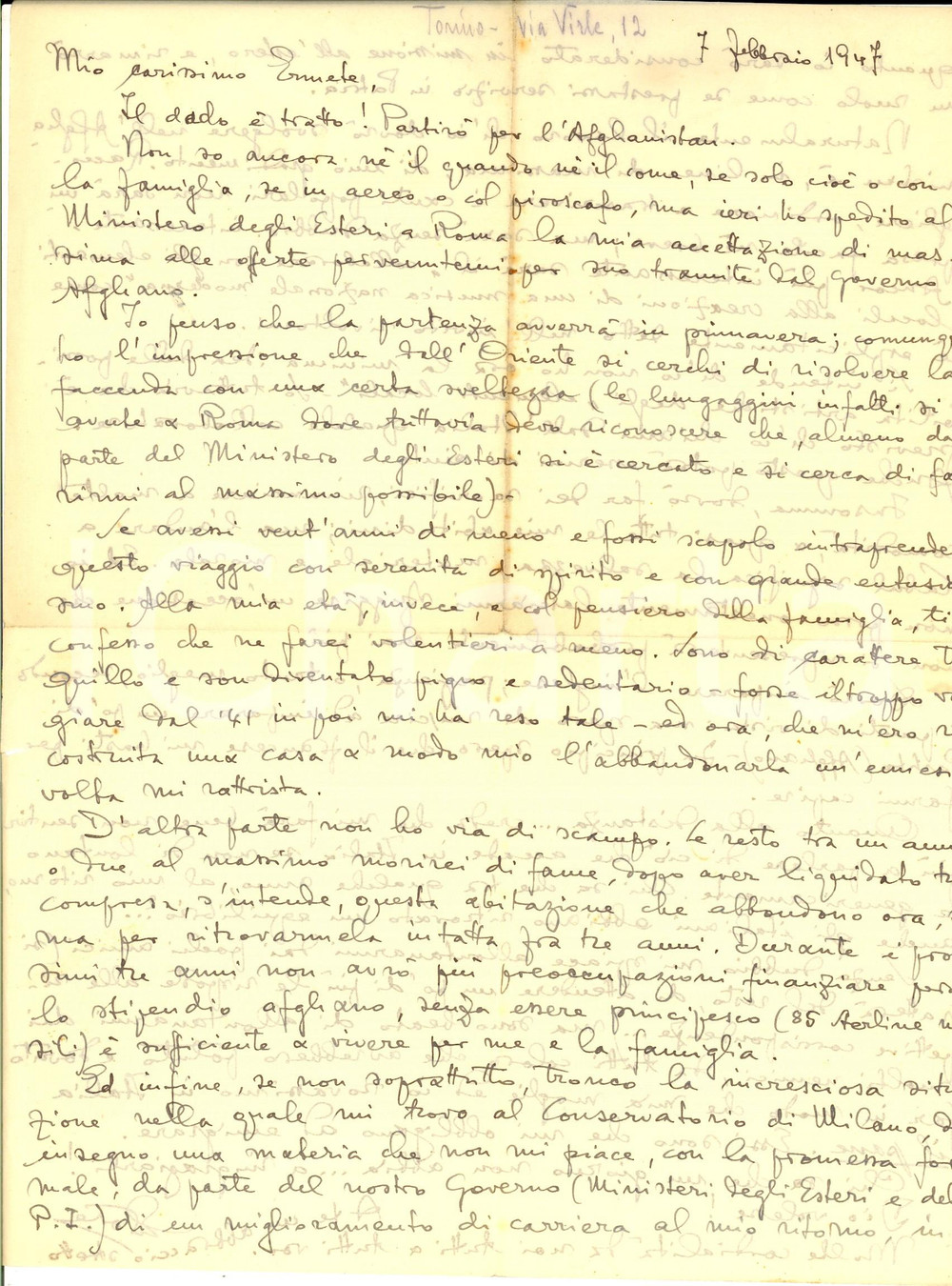 Autografo originale 1947 TORINO Musicista Ettore DESDERI in partenza per l Afghanistan AUTOGRAFO 1