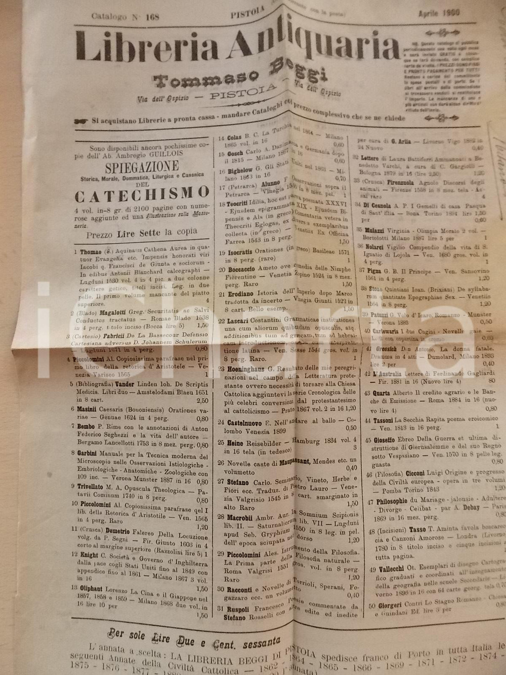 Giornale, rivista storica 1900 PISTOIA Libreria Tommaso BEGGI  Catechismo GUILLOIS Catalogo nÂ° 168 1