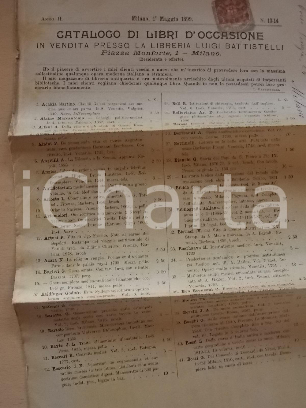 Libro, pubblicazione d epoca 1899 MILANO Libreria Luigi BATTISTELLI Catalogo libri d occasione n.1314 1