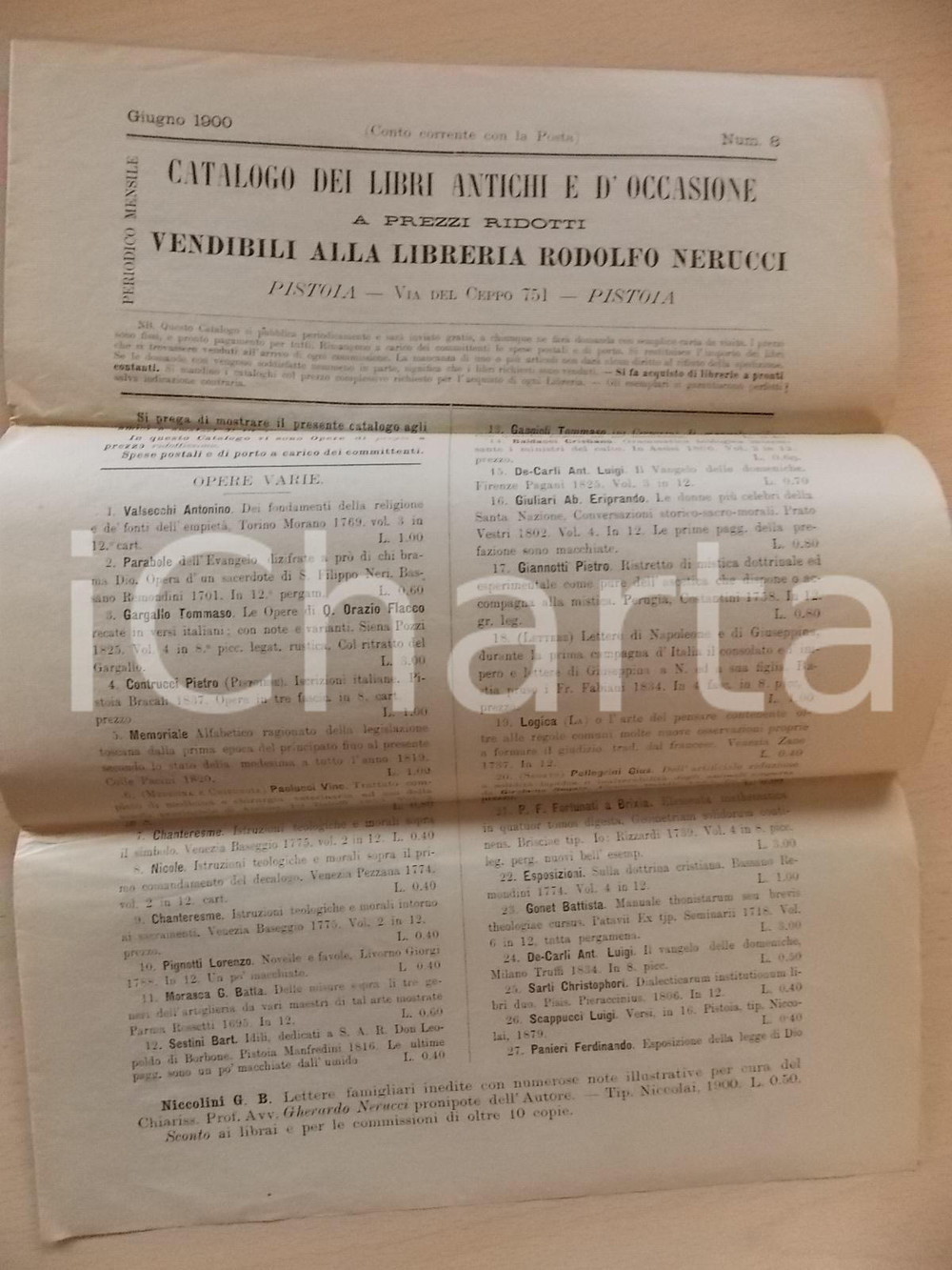 Giornale, rivista storica 1900 PISTOIA Libreria Rodolfo NERUCCI Catalogo libri antichi e d occasione n° 8 1