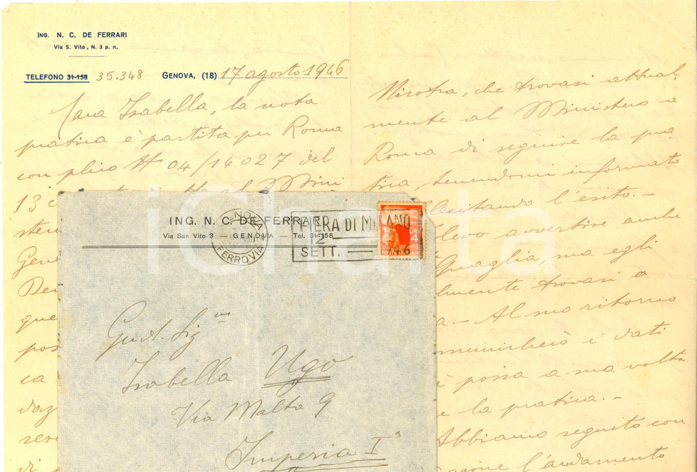 Manoscritto, lettera originale 1946 GENOVA Lettera ing. Carlo DE FERRARI su pratica al ministero AUTOGRAFO 1