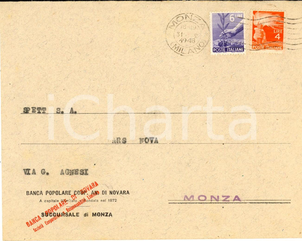 Materiale pubblicitario d’epoca 1948 MONZA STORIA POSTALE Busta intestata BANCA POPOLARE NOVARE Lire 6 + Lire 4 1