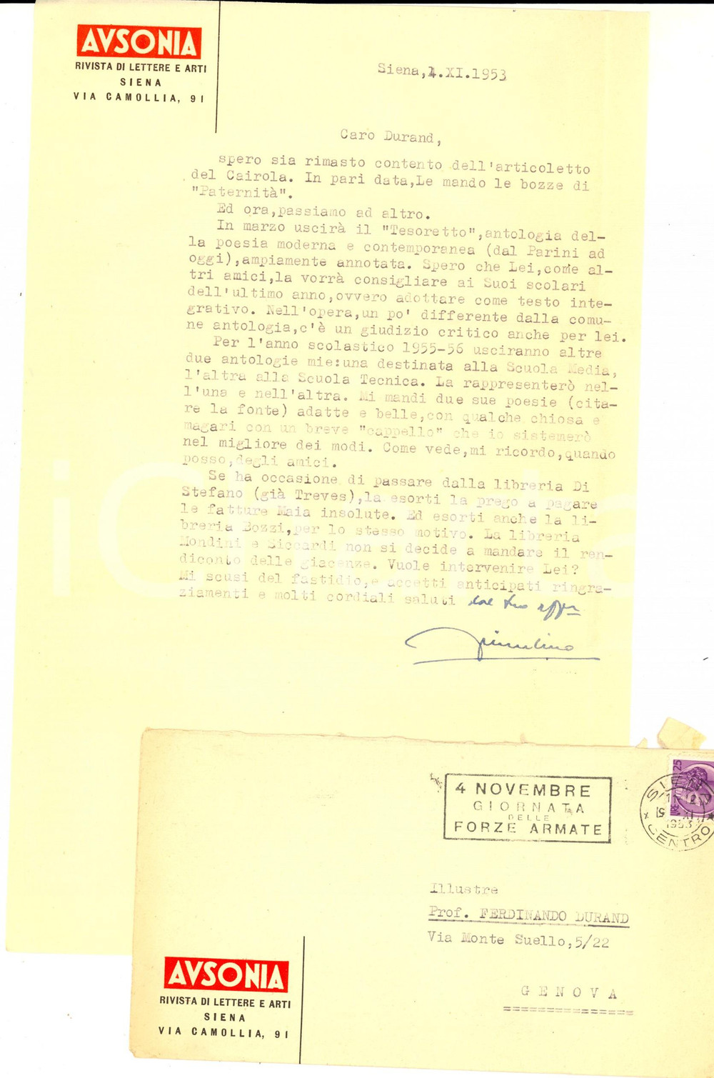 Autografo originale 1953 SIENA Rivista AUSONIA Luigi FIORENTINO annuncia antologia Tesoretto 1