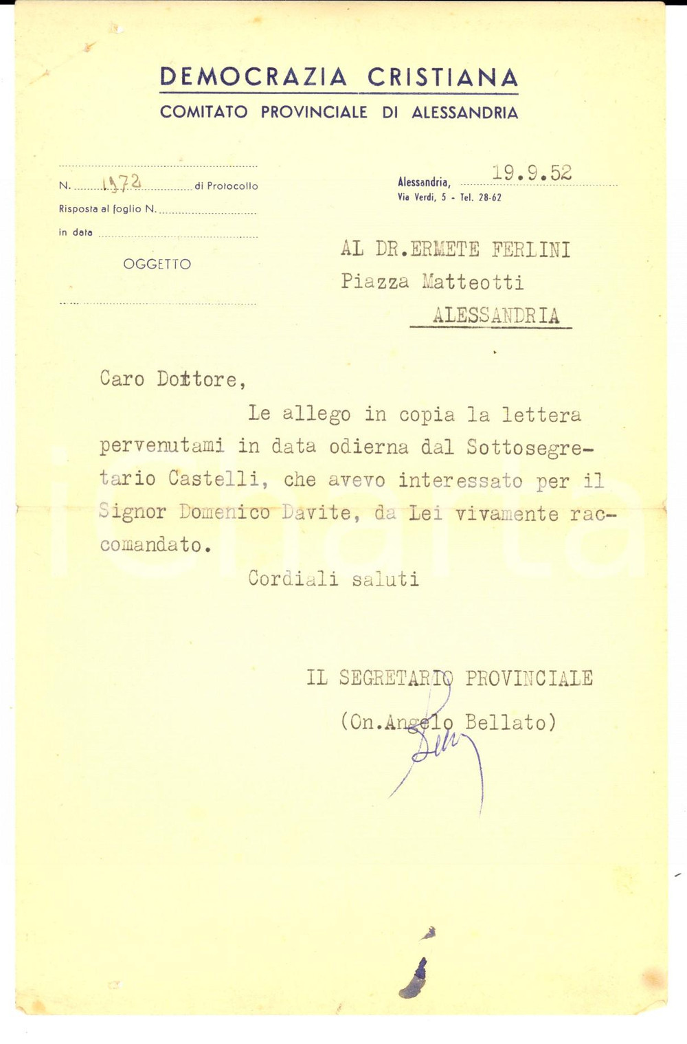 Autografo originale 1952 DEMOCRAZIA CRISTIANA ALESSANDRIA Lettera Angelo BELLATO segretario 1