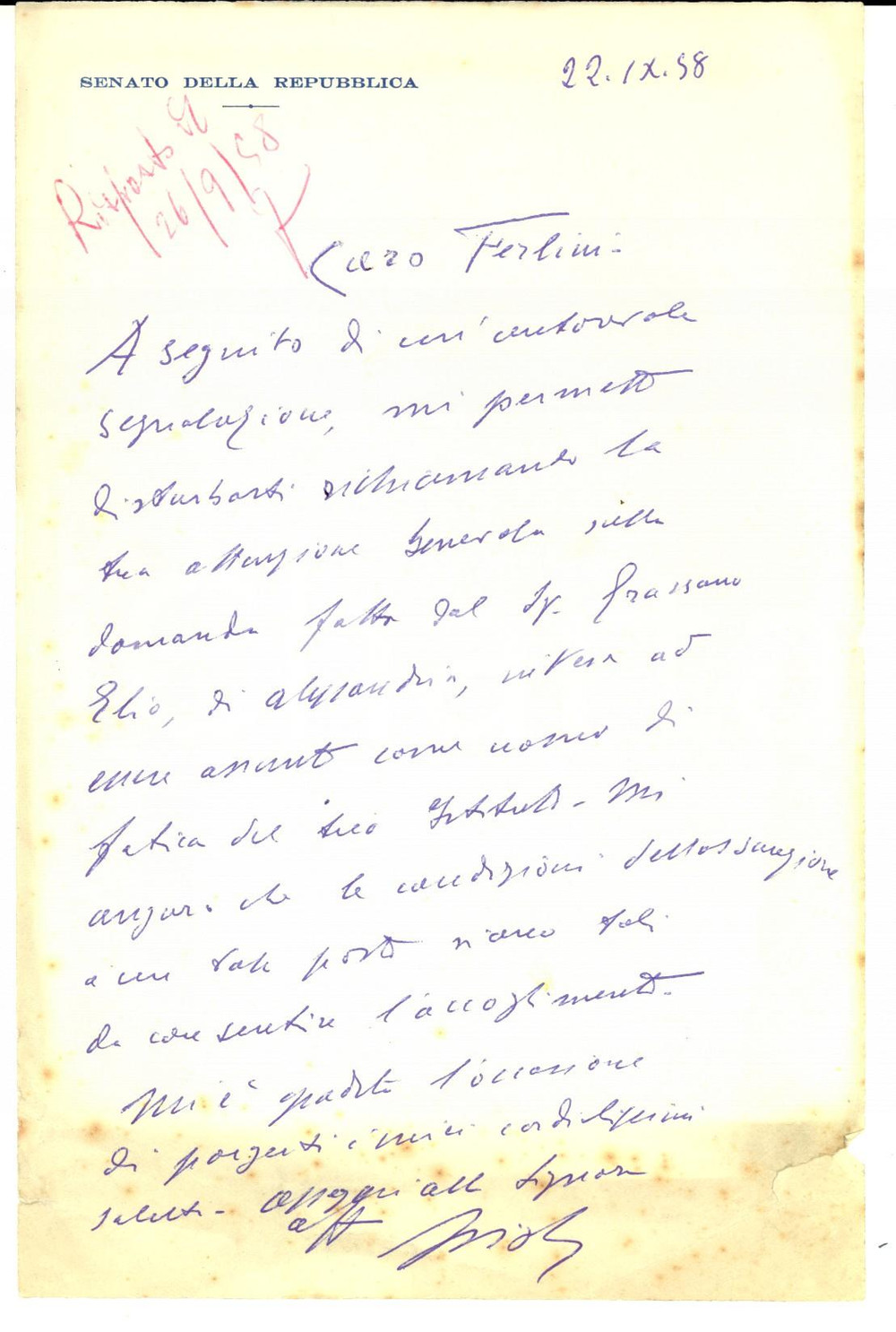 Autografo originale 1958 ROMA SENATO Lettera on. Giacomo PIOLA pro raccomandato Autografo 1