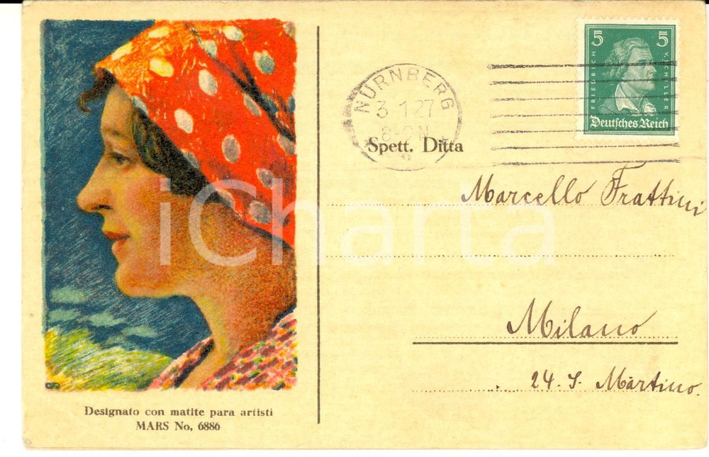 Cartolina originale da collezione 1927 NURNBERG Ditta Massimo SCHMIDT  Biglietto pubblicitario matite MARS 6886 1