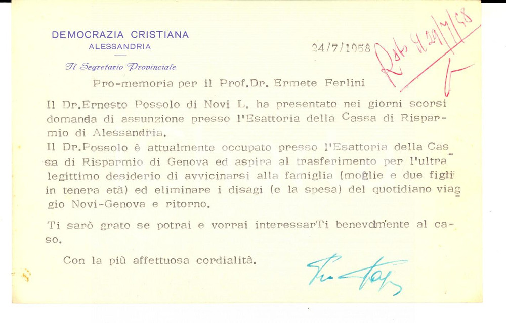 Autografo originale 1958 ALESSANDRIA Democrazia Cristiana  Giovanni FAGNANO pro raccomandato 1