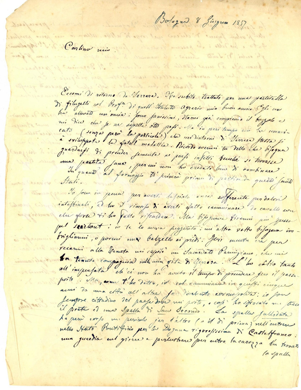 Manoscritto, lettera originale 1857 BOLOGNA Passaggio reliquia di SAN SECONDO alla dogana Lettera CURIOSA 1