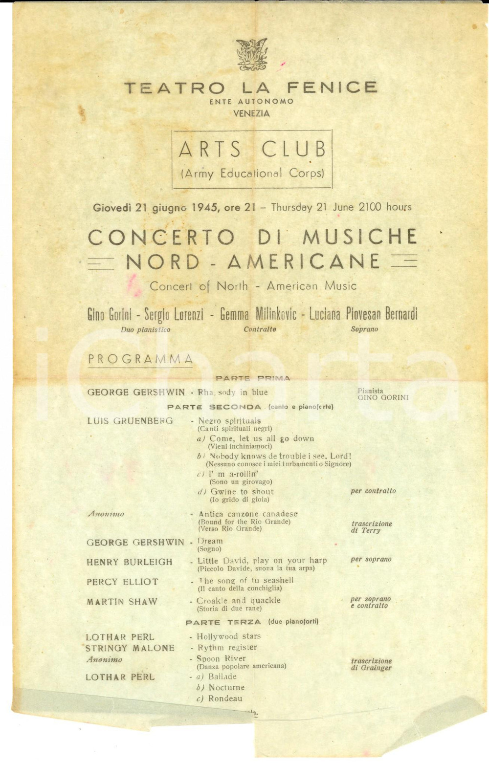 Materiale pubblicitario d’epoca 1945 VENEZIA LA FENICE Arts Club  Concerto musiche nordamericane  Locandina 1