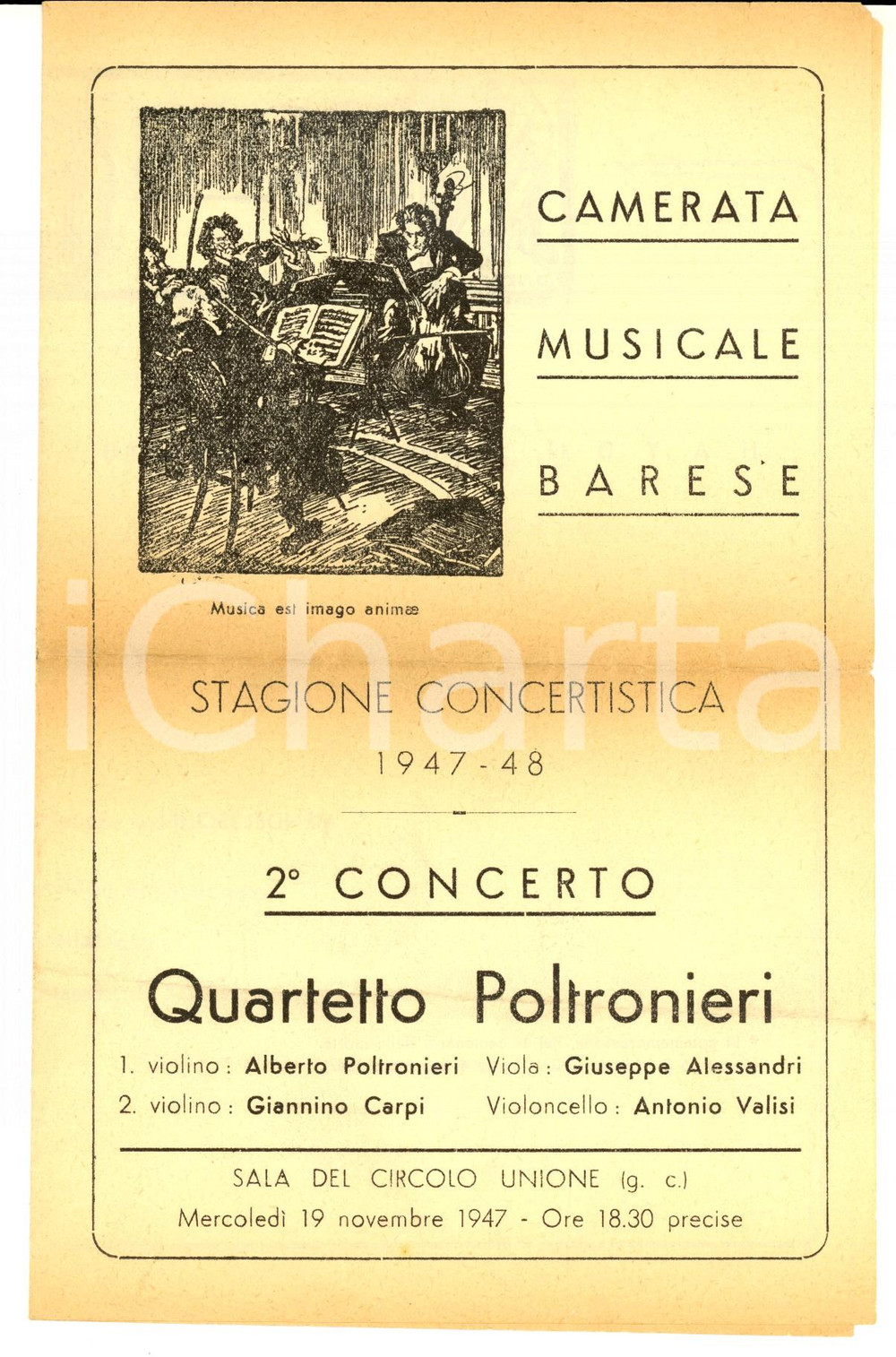 Materiale pubblicitario d’epoca 1947 BARI Camerata Musicale Barese  Concerto QUARTETTO POLTRONIERI Programma 1