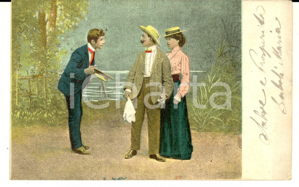 Cartolina originale da collezione 1904 COSTUMI Damerino importuna una signora accompagnata Cartolina SATIRICA 1