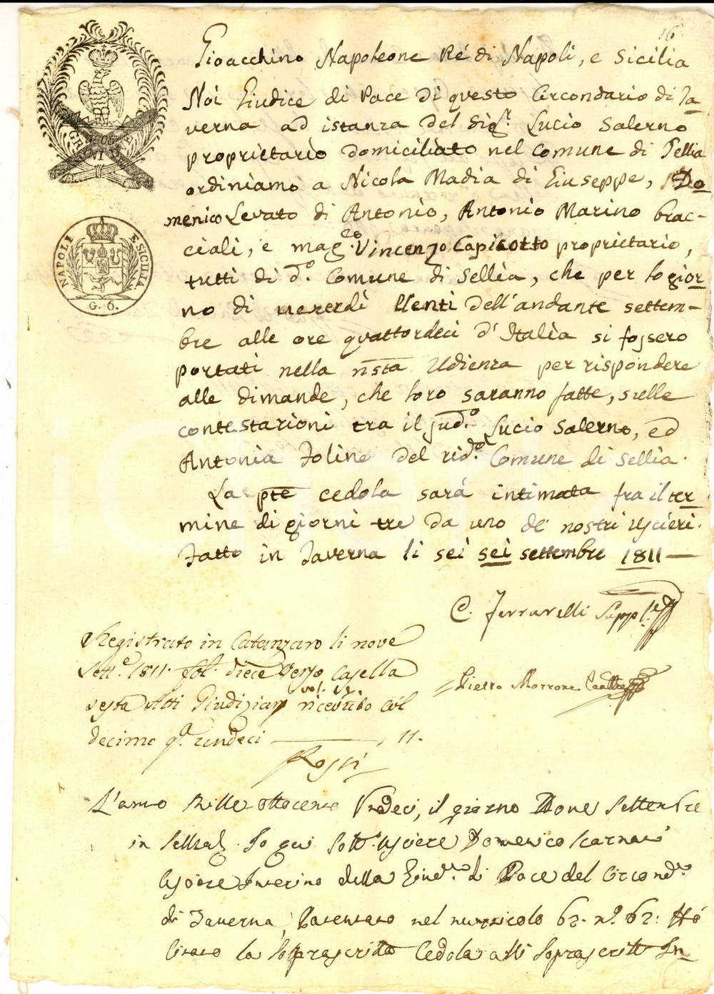 Documento originale, autentico 1811 SELLIA CZ Citazione testimoni causa tra Lucio SALERNO e Antonia FOLINO 1