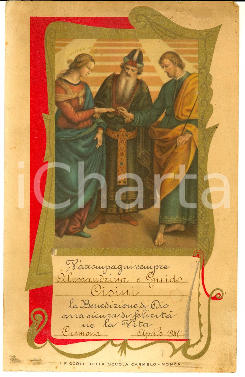 Documento originale, autentico 1947 CREMONA Ricordo Prima Comunione Guido CISINI Piccoli SCUOLA CARMELO MONZA 1