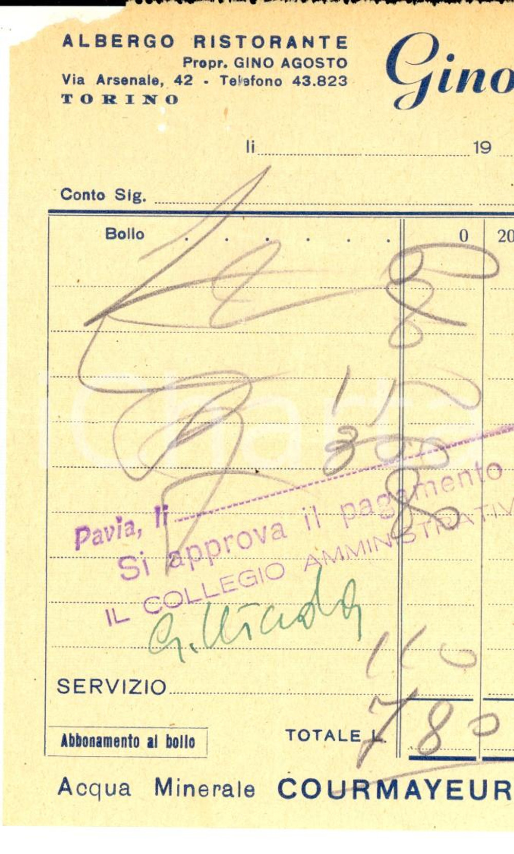 1930 ca TORINO via Arsenale - Albergo ristorante GINO AGOSTO *Conto