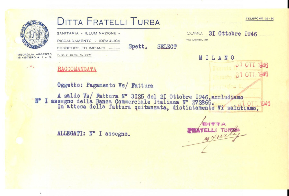 1946 COMO Ditta Fratelli TURBA Sanitaria -  illuminazione *Lettera commerciale