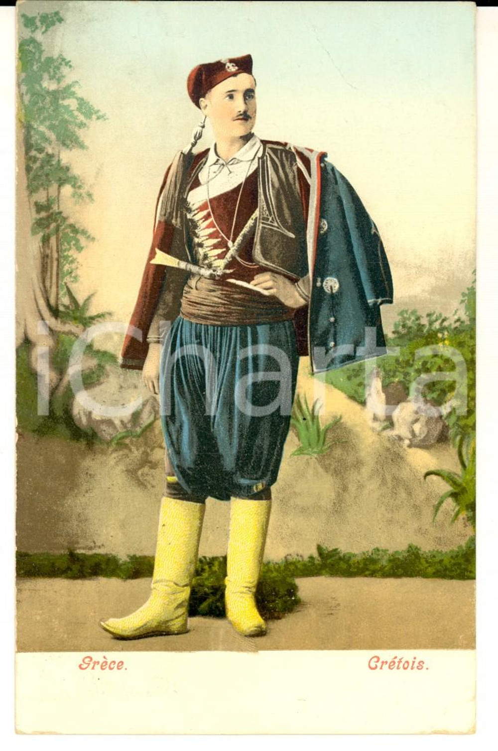 Cartolina originale da collezione 1912 COSTUMI GRECIA Uomo in abito tradizionale di CRETA Cartolina postale FP 1