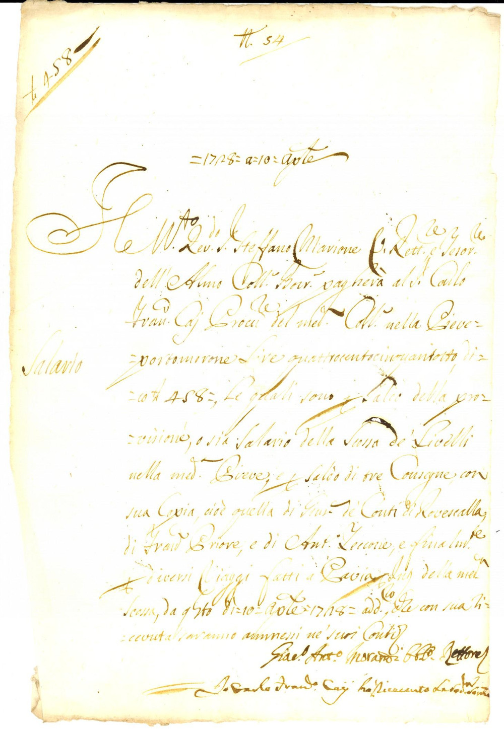 Documento originale, autentico 1728 PAVIA Collegio BORROMEO Saldo al collegio PIEVE PORTO MORONE scossa livelli 1